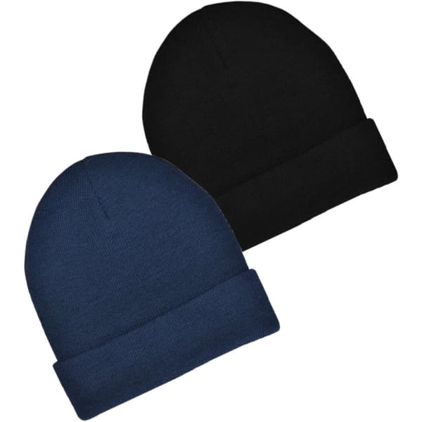 A 100% wool beanie set featuring a navy blue hat and a black hat, both with a folded cuff and a logo.