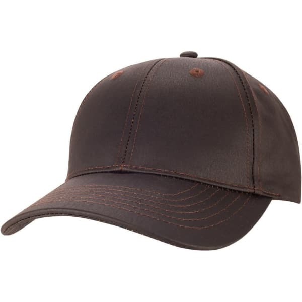 A brown cap made from oilskin material with stitching details and a curved brim, featuring a logo.