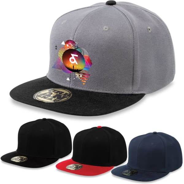 A grey snapback cap with a multicoloured design on the front, alongside black, red, and navy variants.