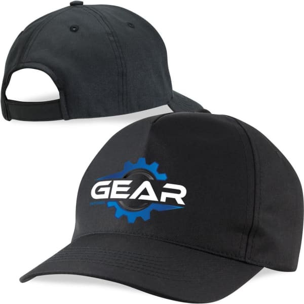 A black 5 panel cap with a logo featuring a gear design and an adjustable back strap.