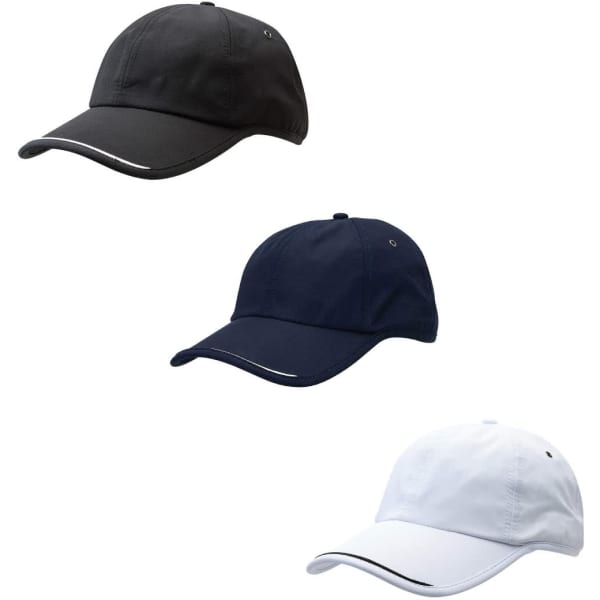 Three caps in black, navy, and white, featuring a logo and a contrasting stripe along the brim.