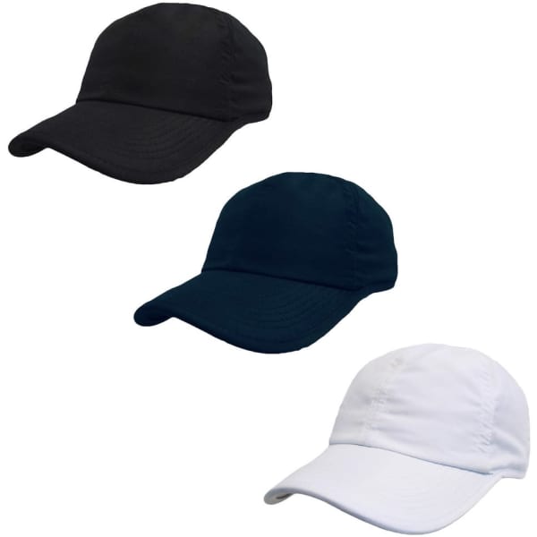 A collection of three caps in black, navy, and white, featuring a logo on each.