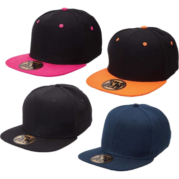 Four snapback caps displayed, featuring black fabric with pink, orange, and navy brims. Each has a logo.