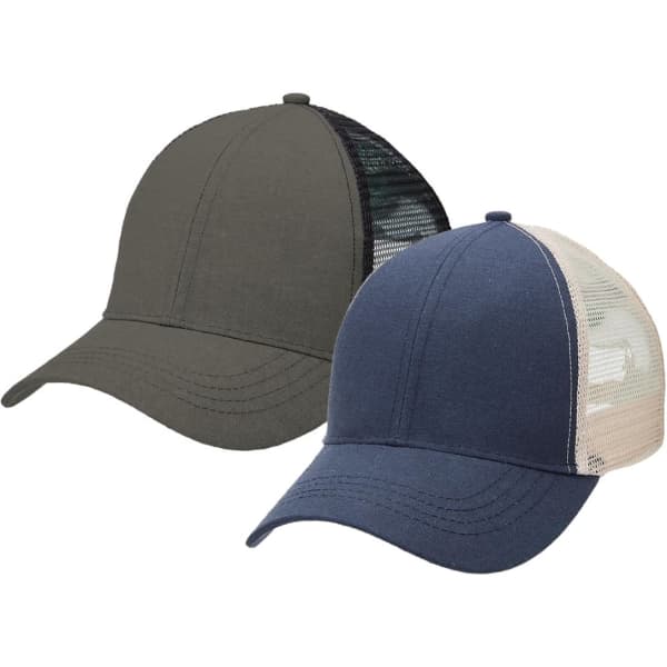 Two trucker caps in olive green and navy blue with mesh side panels and curved brims. Each cap has a logo.