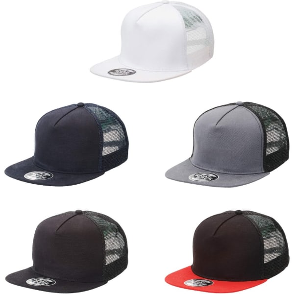 A collection of five trucker caps in white, black, grey, and red, featuring mesh back panels and branding.