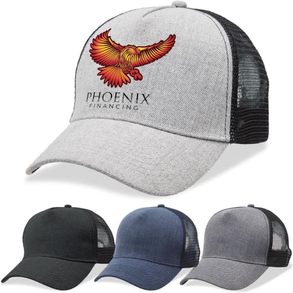 A heathered grey trucker cap with a logo, featuring a black mesh back and available in various colours.
