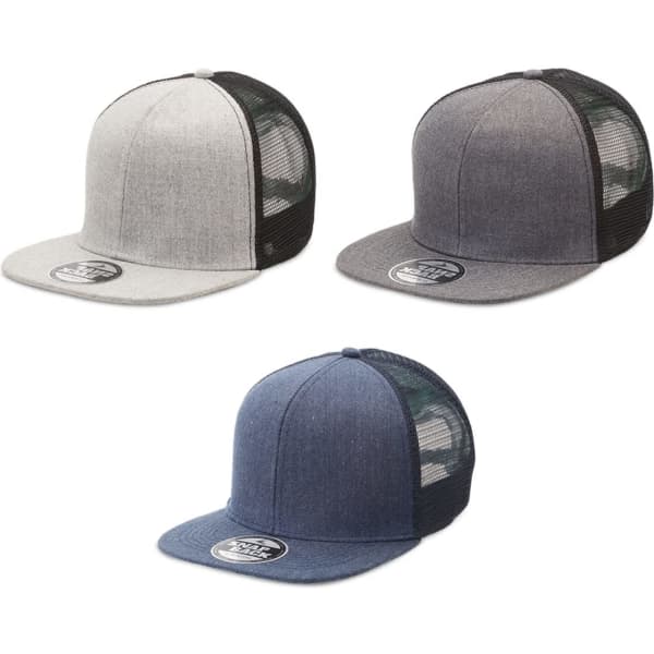 Three trucker caps in heathered grey, dark grey, and navy, each featuring a black mesh back and a logo.