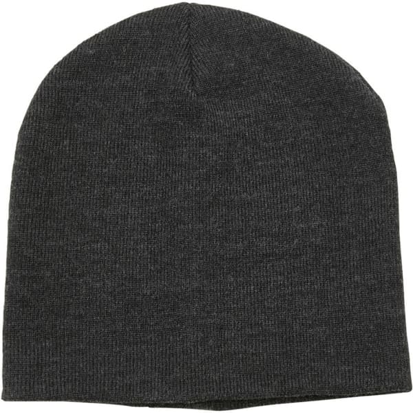 A grey beanie hat with a knitted texture, featuring a small logo on the side.