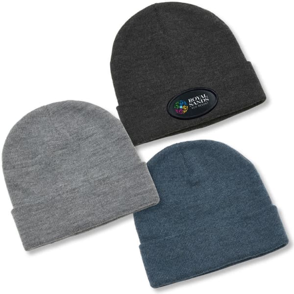Three beanies in charcoal grey, light grey, and teal, featuring a logo on one of the beanies.