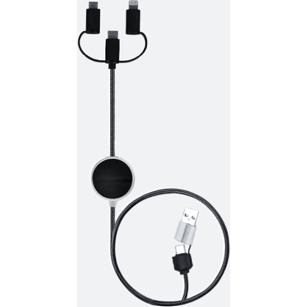 A 5-in-1 LED charging cable in black and silver with multiple connectors for various devices.
