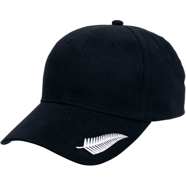 A black cap featuring a white fern emblem and a structured peak. It has a logo on the side.