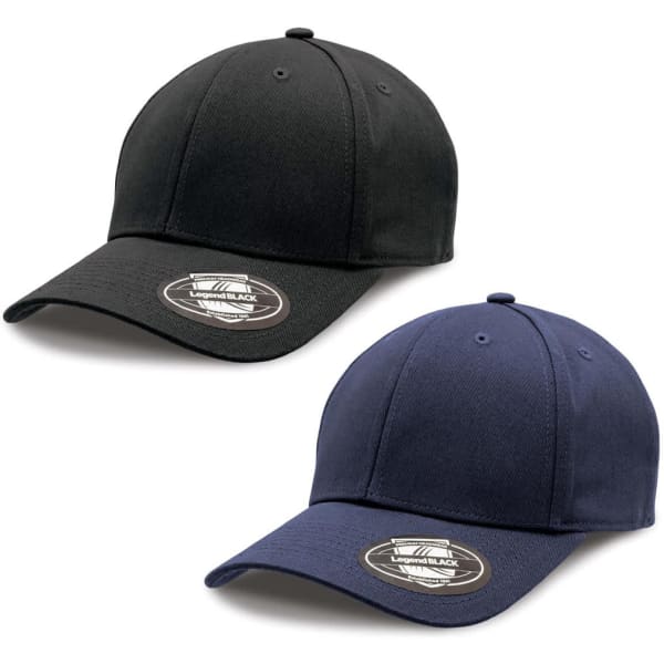 A black and a navy cap displayed together, featuring a logo on the front.