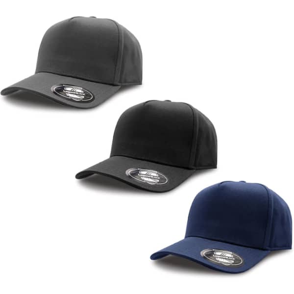 AFrame Snap Back Cap set in black, charcoal, and navy, featuring a logo on each cap.