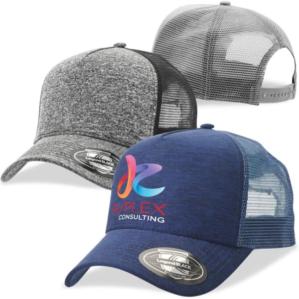 A trio of trucker caps in grey, charcoal, and navy blue, each featuring a logo on the front.