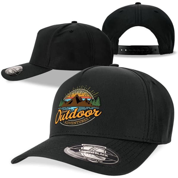 A black snapback cap featuring a logo with mountains and sun illustration, showcasing a stylish design.