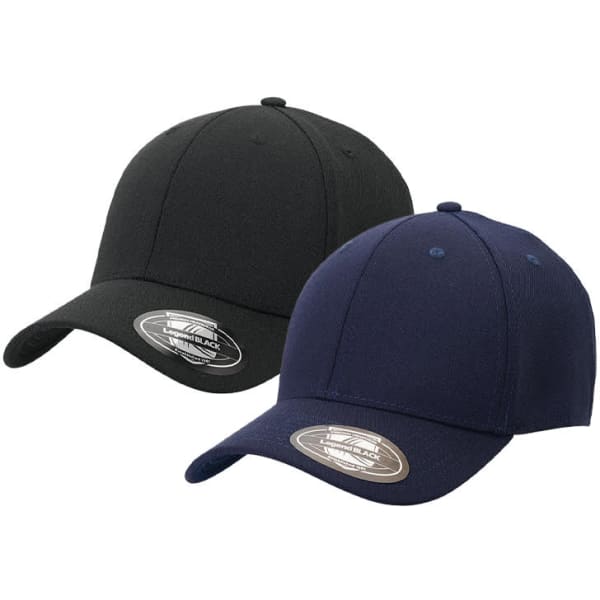 A fitted cap in black and navy blue, featuring a logo on the front.