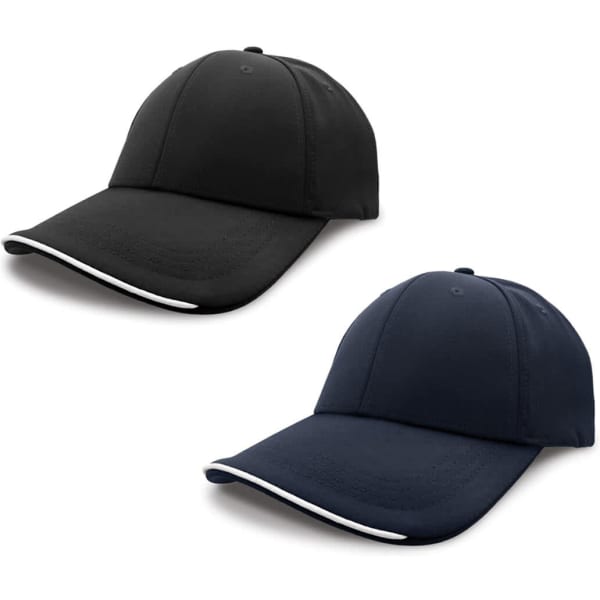 A black and navy cap with a white trim, featuring a logo on the front. Suitable for casual wear.