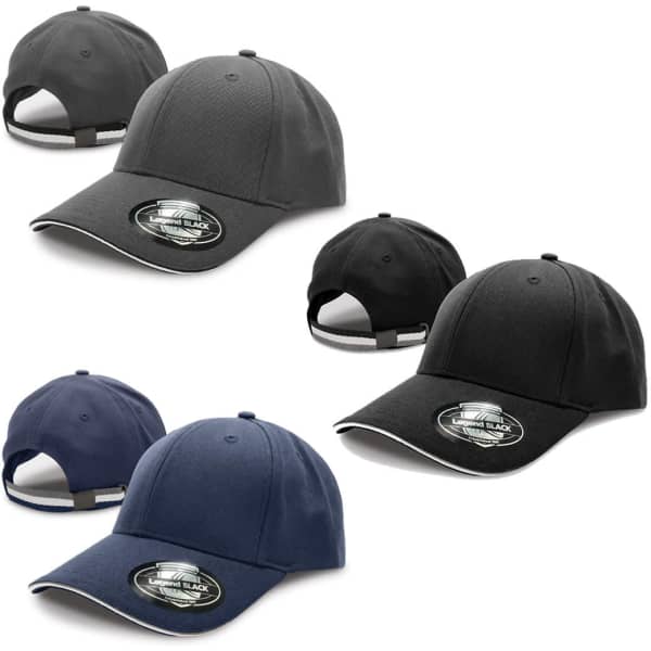 A set of caps in black, navy, and grey, featuring a logo on the front and a curved brim.