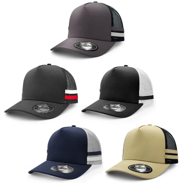 A collection of striped trucker caps in black, grey, navy, and khaki, featuring a logo on the front.