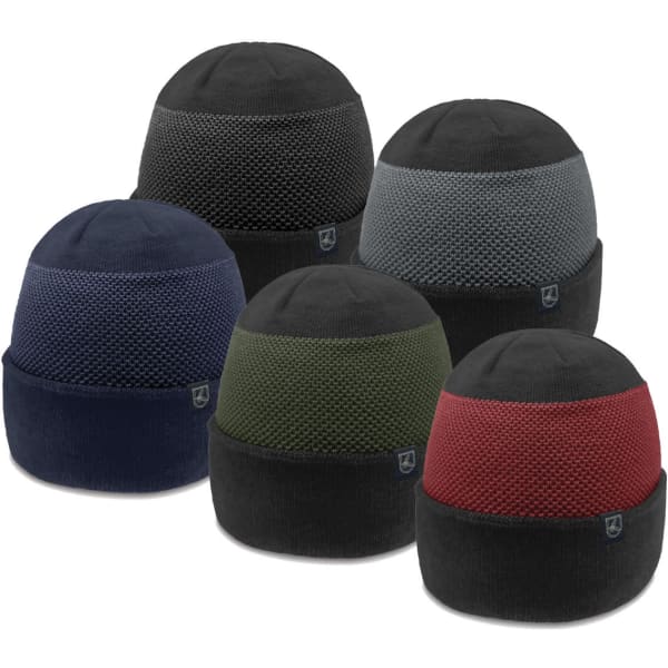 A collection of six beanies featuring a textured design in navy, grey, green, red, and black, with a logo visible on each.