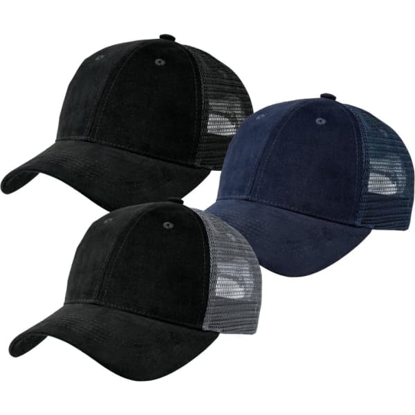 Three trucker caps in black and navy, featuring soft mesh panels and a logo without visible text.