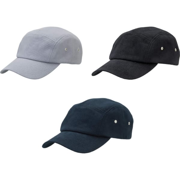 Three caps in light grey, black, and dark navy, each featuring a logo and silver-tone eyelets.