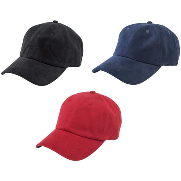 A set of three caps in black, navy blue, and red, each featuring a logo on the front.