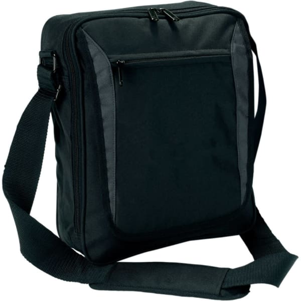 A black satchel featuring a front zip pocket and an adjustable shoulder strap, with a simple design and logo.