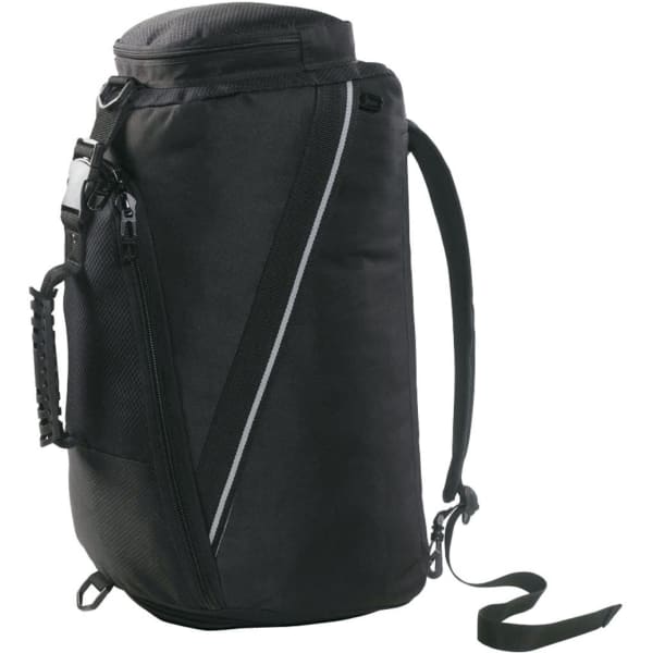 A black duffle bag with a round top, side zipper, and adjustable shoulder strap, featuring a logo.