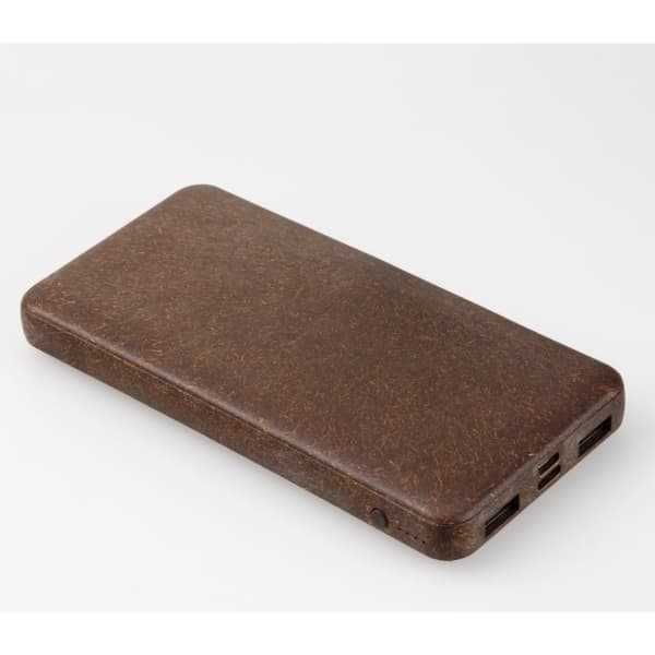 A brown power bank with a textured surface and multiple USB ports, featuring a logo on one side.