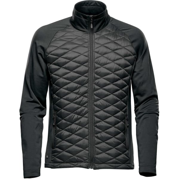 A men's puffer jacket in dark green, featuring a quilted front and smooth sleeves, with a zip closure and pockets.
