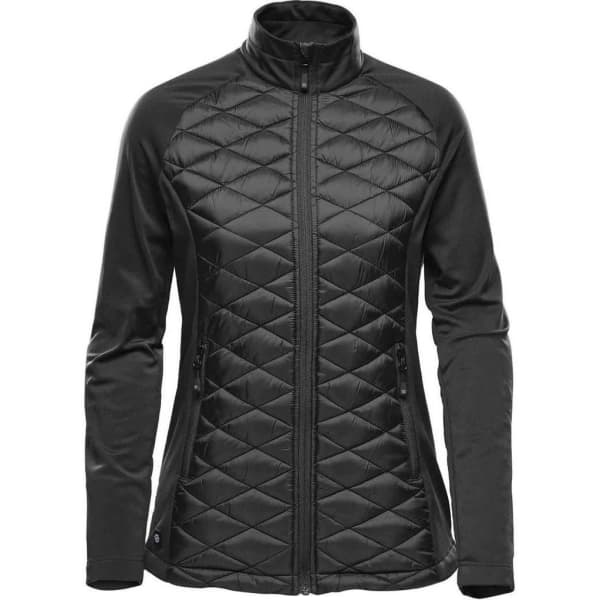 A black women's soft shell jacket featuring a quilted front, high collar, and side pockets. It has a logo.