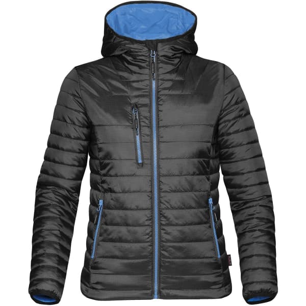 A black women's puffer jacket with a blue interior and a logo on the chest, featuring a hood and zippered pockets.
