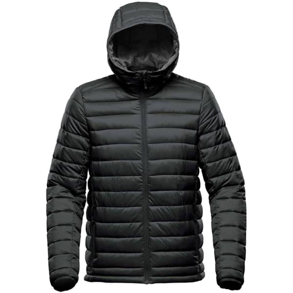 A thermal jacket in dark green with a hood, featuring a quilted design and a front zip. It has a logo.