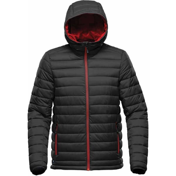 A black puffer jacket with a red interior and hood, featuring a zip closure and side pockets.