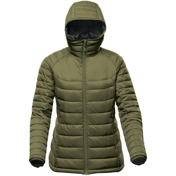 A women's puffer jacket in olive green with a hood, featuring a sleek, quilted design and a logo.