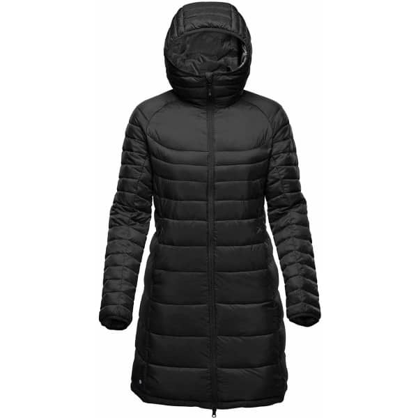 A black puffer jacket with a hood and long sleeves, featuring a zip front and a branding logo.