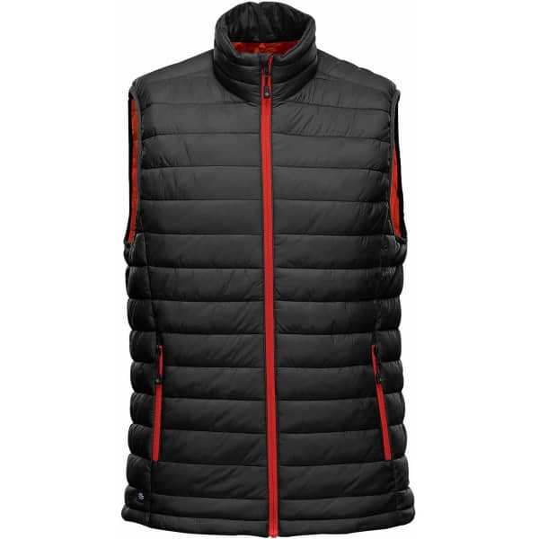 A black vest with a quilted design, featuring red accents and a high collar, and a front zip closure.