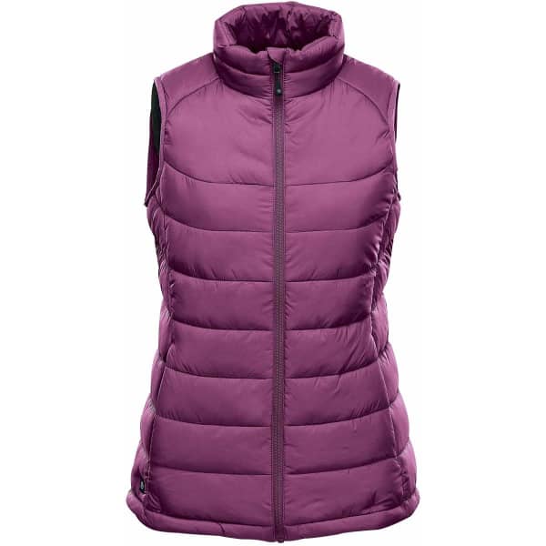 A women's vest in a rich purple colour, featuring a high neck and a zip front. It has a logo on the side.