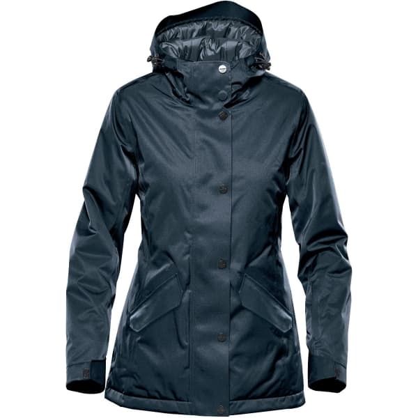 A women's thermal jacket in dark navy with a hood, featuring a zipped front and side pockets. It includes a logo.