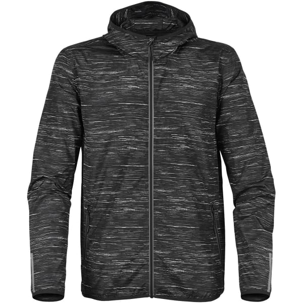 A soft shell jacket in black with a textured pattern, featuring a hood and full zip. Includes a logo.
