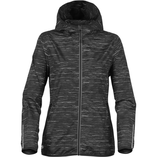 A lightweight black and grey women's shell jacket with a hood and a zipped front, featuring a logo.