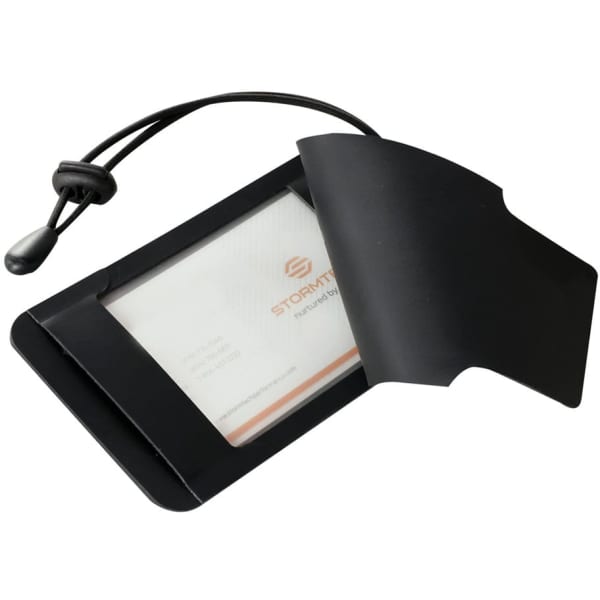 A black luggage tag with a transparent pocket for identification cards, featuring a cord for attachment.