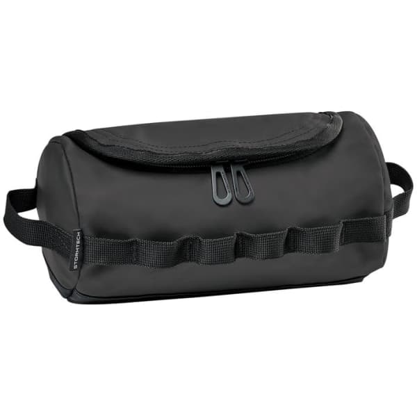A black toiletry bag with a zip closure, featuring handles and a textured surface for easy grip.
