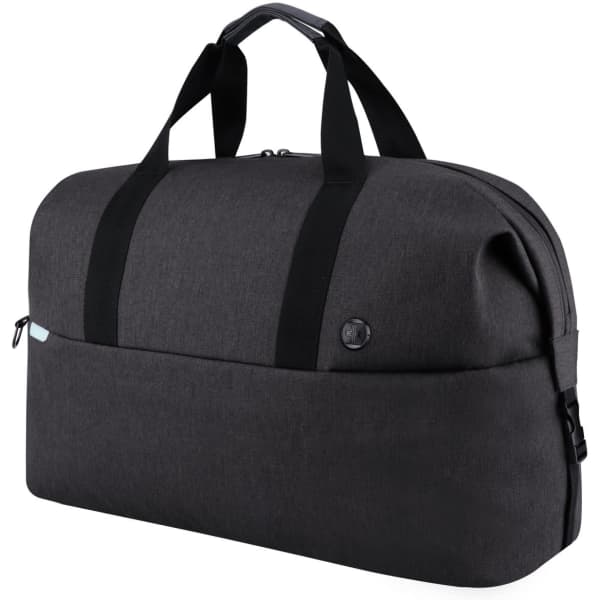 A black duffle bag with dual top handles and a front pocket, featuring a logo. Perfect for travel or daily use.