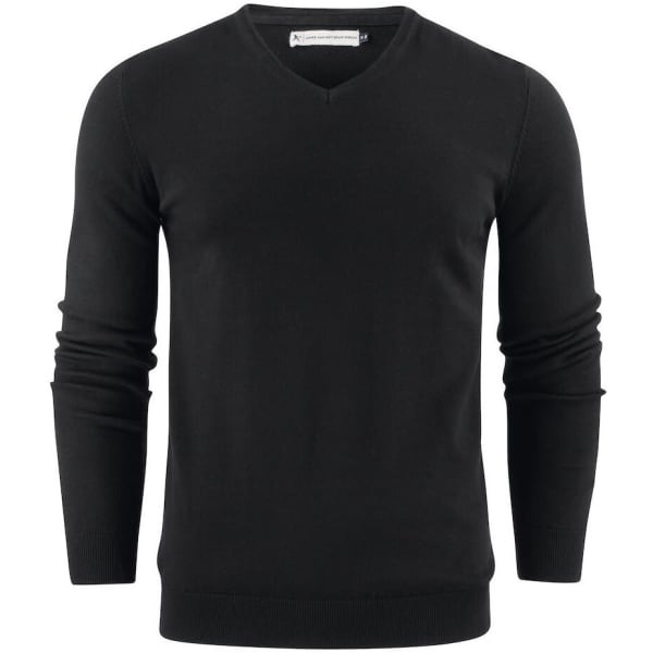 A black men's v-neck sweater with long sleeves and a fitted design, featuring a branding logo.