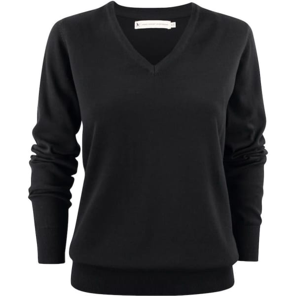 A black women's V-neck sweater with long sleeves and a relaxed fit, featuring a logo on the label.
