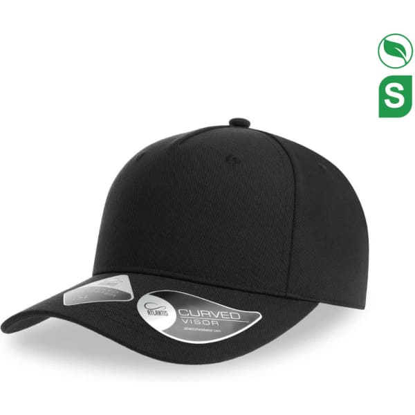 A black cap with a curved visor and a logo, made from recycled polyester.