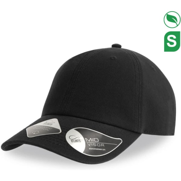 A black organic cotton cap with a mid visor and a logo. It features a classic design suitable for casual wear.