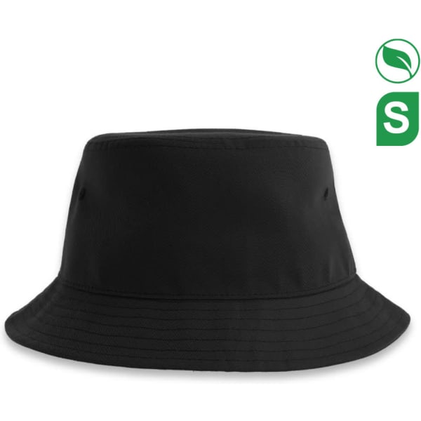 A black recycled polyester bucket hat featuring a simple design and ventilation eyelets. Includes a logo.